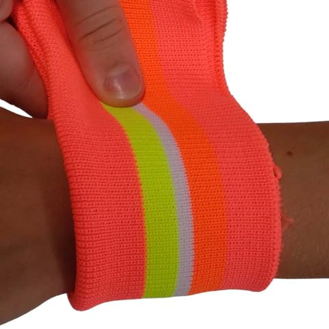 Strickbündchen, gefaltete Collegebündchen in Neon Koralle mit Neon Streifen Gelb/Orange/Weiß 135 cm, Neon Koralle