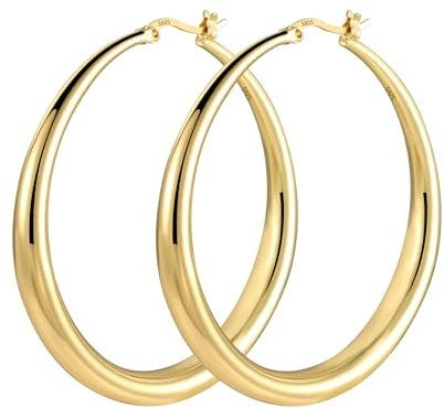 KISSPAT Boucles d'Oreilles Créoles Grandes pour Femmes en Argent 925, 14K Or Plaqué, Hypoallergéniques, Légères, Classique, Acier, pour Bijoux Cadeaux, Boucles d'Oreilles 50MM