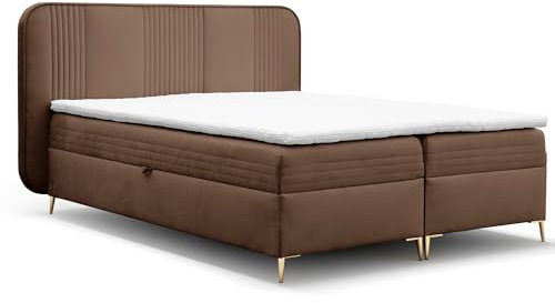 FURNISTAR Boxspringbett GINA Doppelbett mit Bonellmatratze Topper und Bettkasten Bett Glamour Polsterbett mit abgerundetem Kopfteil Modern Schlafzimmer Vintage Schlafzimmerbett (120x200 braun)