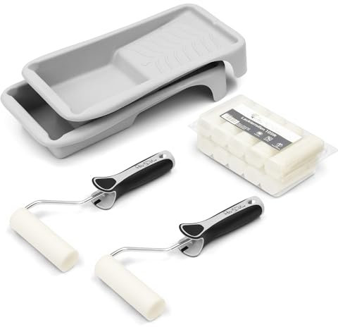 Pinto Deluxe® Lackier Set: 10 x Schaumwalzen 11 cm fein gerade / 2 x Farbroller Bügel / 2 x Farbwanne/Lackierwalze Lackierrolle Schaumstoff-Walze/Farbwalzen-Bügel Aufsteckbügel