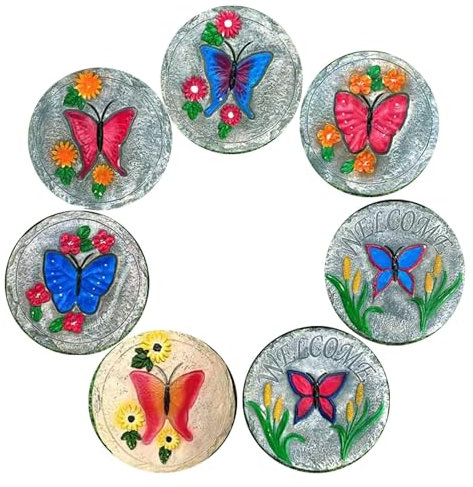 Trittsteine für Garten Set mit 7 Trittsteinen für Den Garten, Rot, Blau, Schmetterlingsblume, Outdoor-Rasen, Hinterhof, Veranda, Terrasse, Dekorativer Trittstein, 1 Cm Dicker Fußstein aus Kunstharz