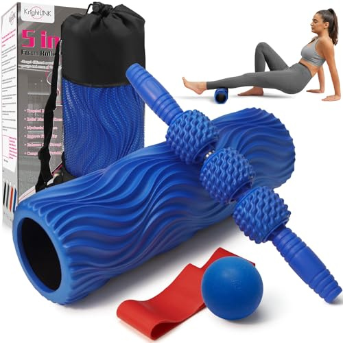 Krightlink 5-in-1 Foam Roller Set, Massage Roller Stick, Massage Ball, Resistance Band for Deep Muscle Massage, Trigger Point Release, Pilates, Yoga (Blue-Wave)