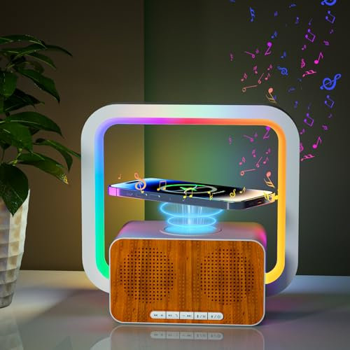 AUYLE Bluetooth Lautsprecher mit Nachtlicht und Wireless Charger, Touch Dimmbar Nachttischlampe mit Gibt 5 RGB Lichtmodi, Musikbox und Induktive Ladestation, Männer, Frauen (Silbrig)