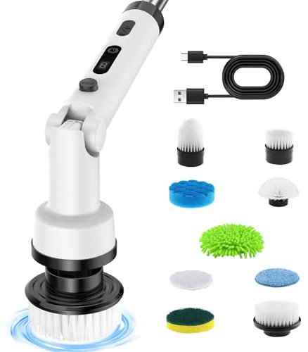 Electric Spin Scrubber, Cordless Electric Cleaning Brush with Adjustable Extension Arm, Portable Household Cleaning Tool with 9 Cleaning Brush Heads, for Bathroom, Floor, Kitchen, Car white