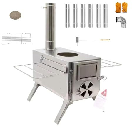 Hot Tent Stove, Camping Wood Stove for Tent, Portable Stainless Steel Wood Burning Stove with 7 Chimney Pipes, Baking pan, for Wall Tent Camping, Cooking, Ice Fishing, Boiling Water
