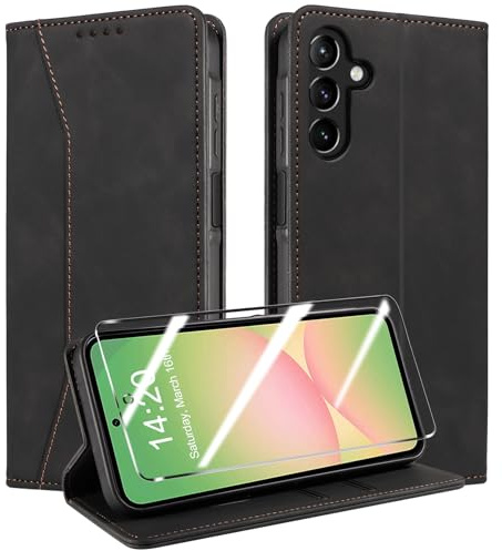 QHOHQ Handyhülle für Samsung Galaxy A56 / A36 5G Hülle mit Panzer Glas, Premium Leder Schutzhülle, [RFID Blockierung], Magnet Klappbar Flip Case Tasche, Multifunktional, Stoßfest-Schwarz