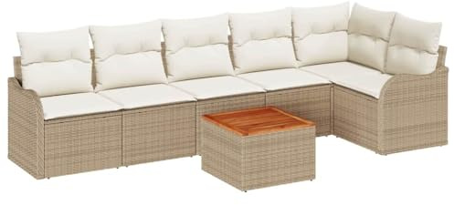 vidaXL 7-delat trädgårdsoff-set med kuddar i beige polyrotting för utomhusmys | Modulär design med flexibla lösningar | Perfekt för patios, balkonger och som utemöbler med kaffebord och 4-sits soffa