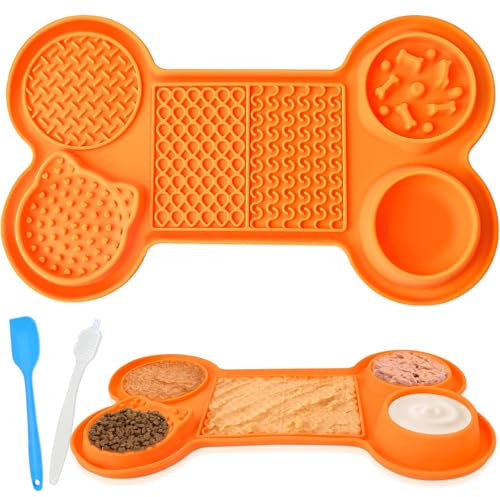 Silicone Slow Feeder Bowl, Lick Mat with Suction Cups for Dog Cat, Snuffle Feeding Mat for Bored Puppy Anxiety Relief, Licking Mat for Dry and Wet Food, Orange