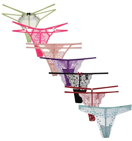COLOROSES 7-Pack Womens Thongs Underwear-Assorted Lace & Color Combinations Variety Gstring Set Sexy T Back Thong Panties, Assort-7 Pcs, XL