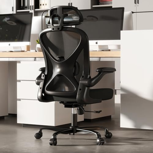 ZZH Sedia da Ufficio Ergonomica Supporto Lombare Regolabile e Poggiatesta, Sedia da Scrivania in Rete con Braccioli Ribaltabili, Ruote 360° e Regolazione Altezza, Nero