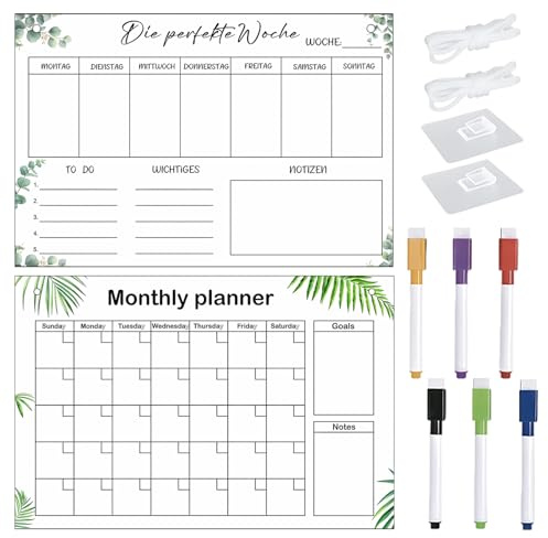 2 Stk Wochenplaner Abwischbar, Monatsplaner Abwischbar, Aufhängbar Whiteboard Wochenplaner 30 x 20CM Memoboard mit 6 Whiteboard-Stift, Schlüsselband, Haken, für die Wand, Glas, Holz und Kühlschrank