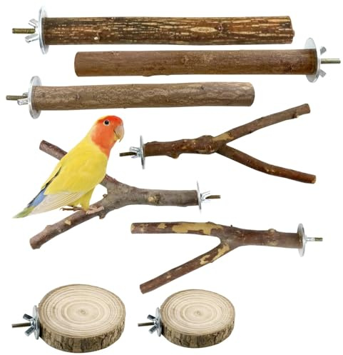 QUTHZZH 8 Stück Natur Sitzstangen Set für Vögel, Vogelspielzeug Holz Sitzstangen für Wellensittiche, Nymphensittich Spielzeug, Vogel zubehör Vogelspielzeug für Kanarienvogel Agaporniden