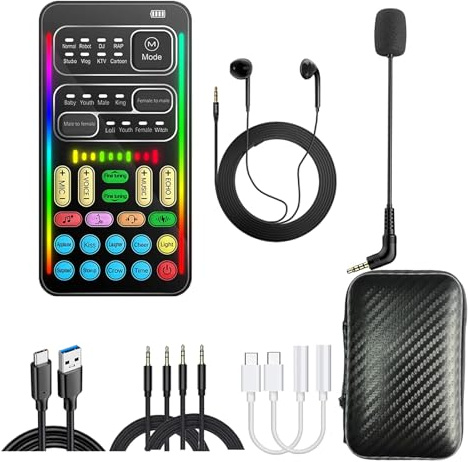 I9 Portable Voice Changer with Sound Card, Real-Time Sound Effect Board for Gaming & Streaming, 16 Effects, with Mini Mic, Monitor Headphones & 2 Adapters, Plug & Play for PS5/Xbox/PC/Phone/TikTok