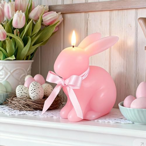 Baquler Easter Bunny Flameless Candle, Easter Real Wax Carved LED, Scented Bunny Shape Flameless Candle Set for Home Living Room Bedroom Party Decoration Centerpiece Table Home Decor (Pink)