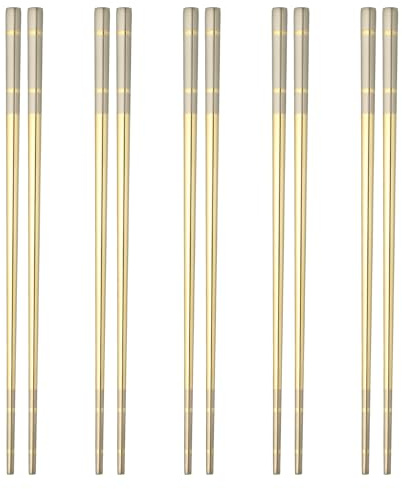 sourcing map 5 Pairs Stainless Steel Chopsticks, 23.5cm / 9.25 Inch Metal Chop Sticks Square Lightweight Chopsticks Tableware Accessories Bulk for Home Kitchen Hot Pot Cooking, Gold Tone