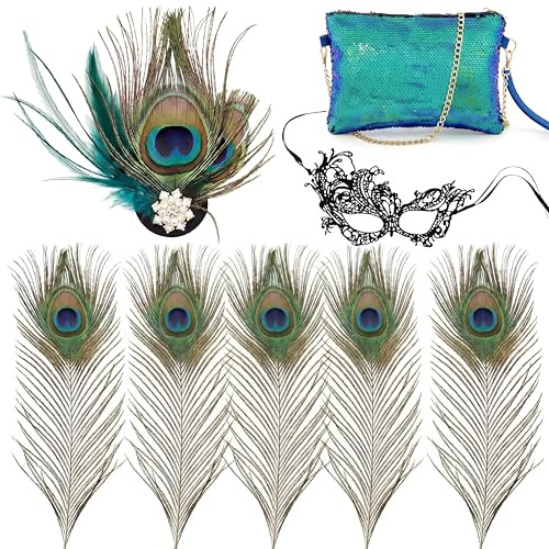 Xinnun Fünf Pfauenfedern zum Basteln DIY Kunstfedern 25–30 cm Pfauenkostüm Accessoires Paillettentasche Clutch Pfau Kopfschmuck Spitzenmaske Maskenbälle Pfau Deko für 20er Jahre Cosplay Kostüme