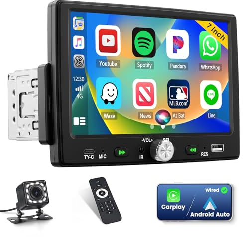 Inefala Autoradio 1 Din CarPlay Android Auto Filaire 7 Écran Tactile | Écran Tactile, Bluetooth, FM, Mirror Link, SWC, EQ, USB, Type-C, Caméra de Recul, Micro