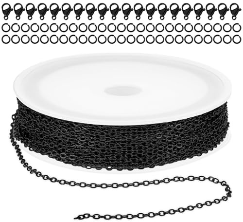 COMNICO 10 m Edelstahl Schmuckkette 1.5 mm Gliederkette Halsketten mit 20 Karabinerverschluss und 50 Sprung Ringe Basteln Zubehör für Schmuckherstellung (Schwarz)
