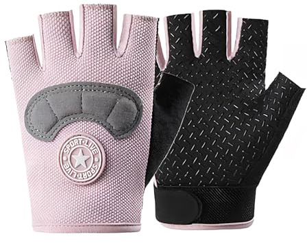 Mecmbj Kinder Fahrradhandschuhe, Halbfinger Sporthandschuhe für Jungen Mädchen Alter 7-12, Reithandschuhe Kinder, rutschfest, Atmungsaktiv, Fahrradhandschuhe, für Outdoor-Aktivitäten(Rosa)