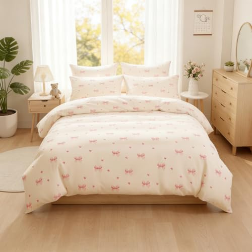 Covebett Bettwäsche 135x200 Beige mit Rosa Schleifen Mädchen Bettbezug Set Rosa Herzen Schleifenmuster Kawaii Weich Renforcé Microfaser Einzelbett Deckenbezug Reißverschluss und Kissenbezug 80x80cm