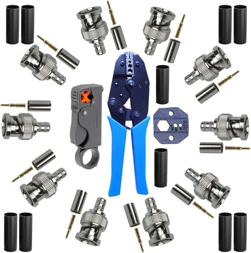 Kit de sertisaje BNC RG58-10 Conectores machos para crimpar + Crimpadora robusta + Matrices intercambiables + Pelacables coaxiales + Tubos termorretráctiles - Para CCTV, radioaficionados e
