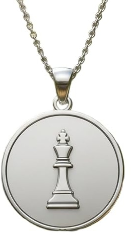 LKBEADS Collar con colgante de pieza de ajedrez de rey en relieve, hecho de plata de ley 925 con baño de plata, cadena de cable de 45 cm (18), dije redondo para joyería unisex | LK_EMBO_00893