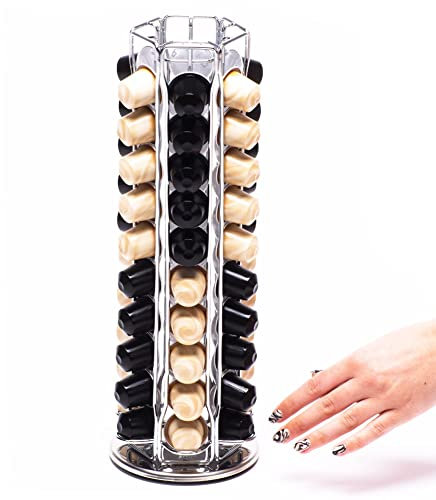 Peak Coffee Capsule Holder Stand for 70 Nespresso Original Line Pods - Revolving Tower Rack Dispenser for Storage & Organisation - Modern Chrome Finish - 360 Degree Revolving
