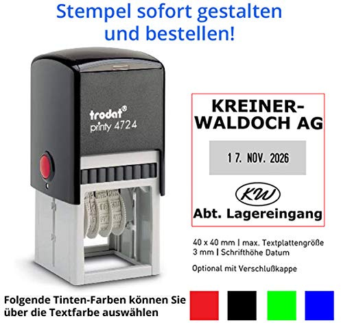 Stempel Trodat Printy 4724 Datumstempel mit Text (40x40 mm) ACHTUNG Deutsche Wochentage, für 6 Zeilen, in verschiedenen Farben, gleich Online gestalten!!! (schwarz)