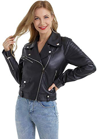 DIASHINY Black Cropped Faux Leather Jacket For Women PU Slim Zip Up Moto Biker Coat Motorcycle Crop Short Jacket 013 Large