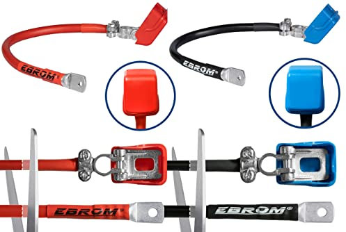 EBROM Cavo batteria da 50 mm², polo negativo (-) polo positivo (+) morsetto con chiusura rapida, nero + rosso, 30 cm fino a 5 m, occhielli/capicorda M6/M8/M10/M12/senza – 50 mm2 – 290 cm scarpa M6 (6