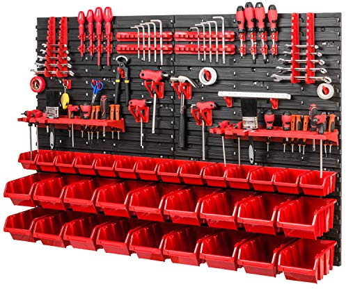 PAFEN Workshop Shelving Storage System - 1152 x 780 mm - Wall Shelf with Red Stacking Boxes and Tool Holder - Bulk Shelf Wall Plates Extra Strong