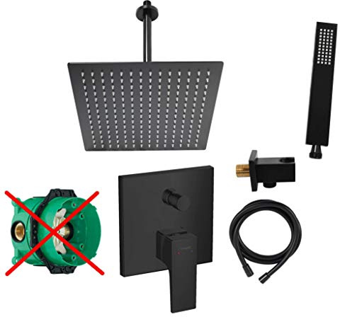 vanvilla Duschsystem Unterputz mit Duscharmatur Hansgrohe schwarz HGS02-ob | Duscharmatur von Hansgrohe Metropol Einhebelmischer und vanvilla Regendusche Duschkopf eckig, Dusch-SET schwarz matt