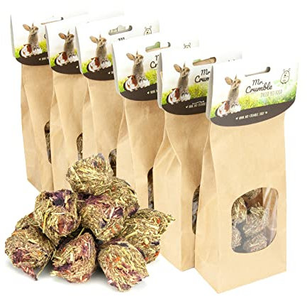 Mr. Crumble Dried Pet Food Knabberbällchen aus Timothy-Heu getreidefrei 6er-Set, Strukturfutter Leckerli für Kaninchen, Meerschweinchen und Degus und andere Nager