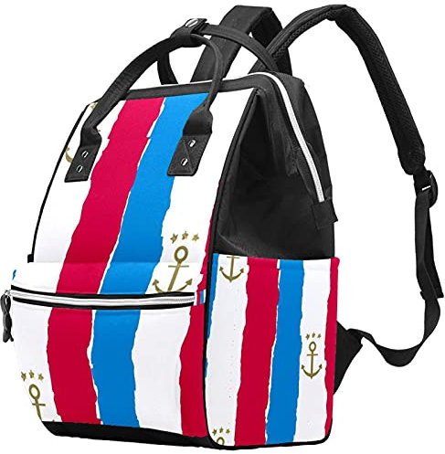 Weiß Rot Blau Streifen Gold Anker und Sterne Wickeltasche Mumienrucksack Große Kapazität Babytasche Multifunktions-Reiserucksack Windeltaschen Stilltasche für Babypflege, mehrfarbig