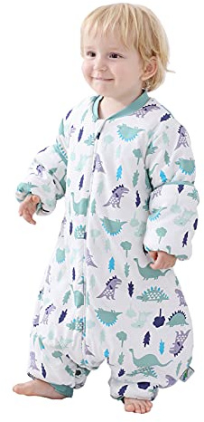 Chilsuessy Baby Winter Schlafsack mit Füßen, 100% Bio Baumwolle mit Naturfasern, 2.5 Tog Ganzjahres Kinder Schlafsack mit Beinen,abnehmbar Ärmel, Grün Dinosaurier, M/Baby Höhe 80-90cm