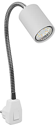 ledscom.de GU10 Steckdosenlampe WAIKA Schwanenhals, Schalter, weiß inkl. GU10 LED Lampe 206lm weiß