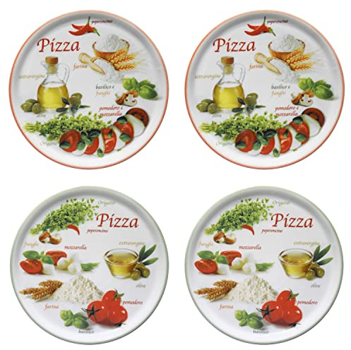 MamboCat Lot de 4 assiettes à pizza Napoli Green & Red I Ø 32 cm – Grand I 4 personnes I Assiette avec 2 motifs différents I Décorée I Pour pizzas ou présentation I Porcelaine