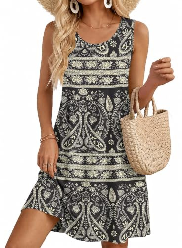 AUSELILY Sommarklänning, dam, rund hals, knälång, fritidsklänningar, strand, axelbandsklänning med fickor, Boho svart, XXL