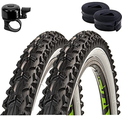 2 x Roverstone 26 Fahrradreifen Fahrradmantel schwarz/weiß 57-559 (26x2,125) + 2 Schläuche AV inkl. Fahrradklingel