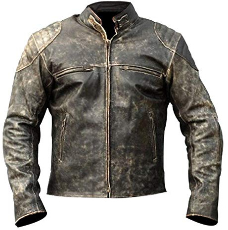 Aksah Fashion Herren-Motorrad-Lederjacke, Antik-Schwarz, Vintage, Used-Look, Retro-Stil
