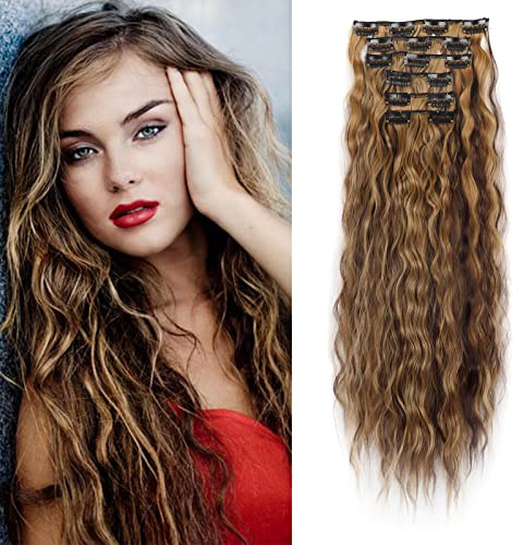 Cybelleza 50 cm Clip in-extensions Hårförlängning Hårdel som äkta hår 6 trådar Vågig Billigt Hårförtjockning Lockigt Wavy Curly Hårförlängning Syntetisk, Mellanbrun & Mörkblond