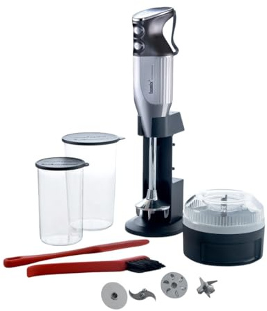 bamix Set mixeur plongeant M350 MAXX avec support, 2 récipients, 4 accessoires, Processeur, Spatule, Brosse de nettoyage, 300 W, Fabriqué en Suisse, Revêtement argenté/chrome