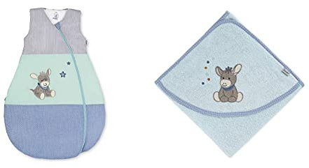 Sterntaler Funktionsschlafsack für Kleinkinder, Esel Emmi, Ganzjährig, Wärmeregulierung, Reißverschluss, 90 cm, Blau/Mehrfarbig & Baby Handtuch Kapuze - Kapuzenhandtuch Baby EMMI