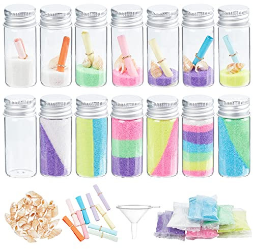 WEBEEDY 16 Set DIY Colored Sand Bottle Kit Sand Art Kit for Adults, Make Your Own Art and Craft Set Included Small Glass Bottles Wishing Bottles Ornaments Colorful Sands Beach Sea Shells Message Paper