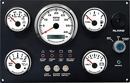 MOTOR METER RACING W Pro Boat Instrument Panel - 12V White Dial | 11.81 x 7.48 Inch, 4000 RPM Tachometer, Voltmeter, Fuel Level, Water Temperature, Oil Pressure, Non-alarm sensor, 12V