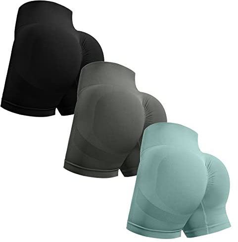 OVESPORT 3-delad träningsshorts för kvinnor sömlös scrunch Butt lyft hög midja yoga gym rumpa löpning korta byxor, Svart/grå/blå, M