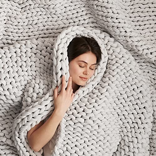 Bearaby Cotton Hand-Knit Weighted Blankets for Adults - Chunky Knit Blanket - Sustainable, Breathable, Organic, Cooling Weighted Blanket - Machine Washable (Moonstone Grey, 20 lbs, 45x72)