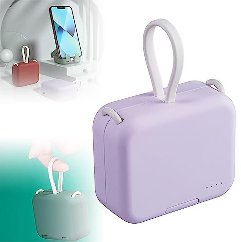 Portable Wireless Charging Treasure Mobile Phone Holder, Portable Folding Mobile Phone Holder Power Bank, 4000mAh Mini Power Bank Built-In Dual-Cable, Portable Charger USB C, Fast Charging (Purple)