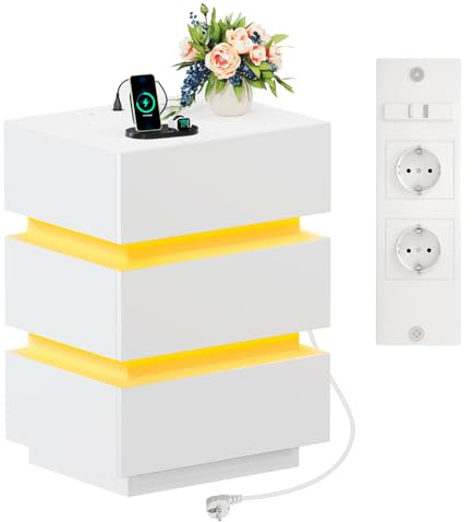 Lvhecforhm Comodino con illuminazione LED, con Presa e Porta USB, Camera da Letto Moderni Bianco, con 3 Cassetti, 45x35x61cm Tavolo da Comodino Intelligente Camera Letto