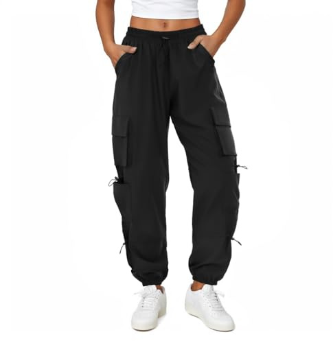 COPYLEAF Womens Parachute Cargo Pants with Pockets Quick Dry Hiking Pants Lightweight Waterproof Baggy Joggers(Black XL)